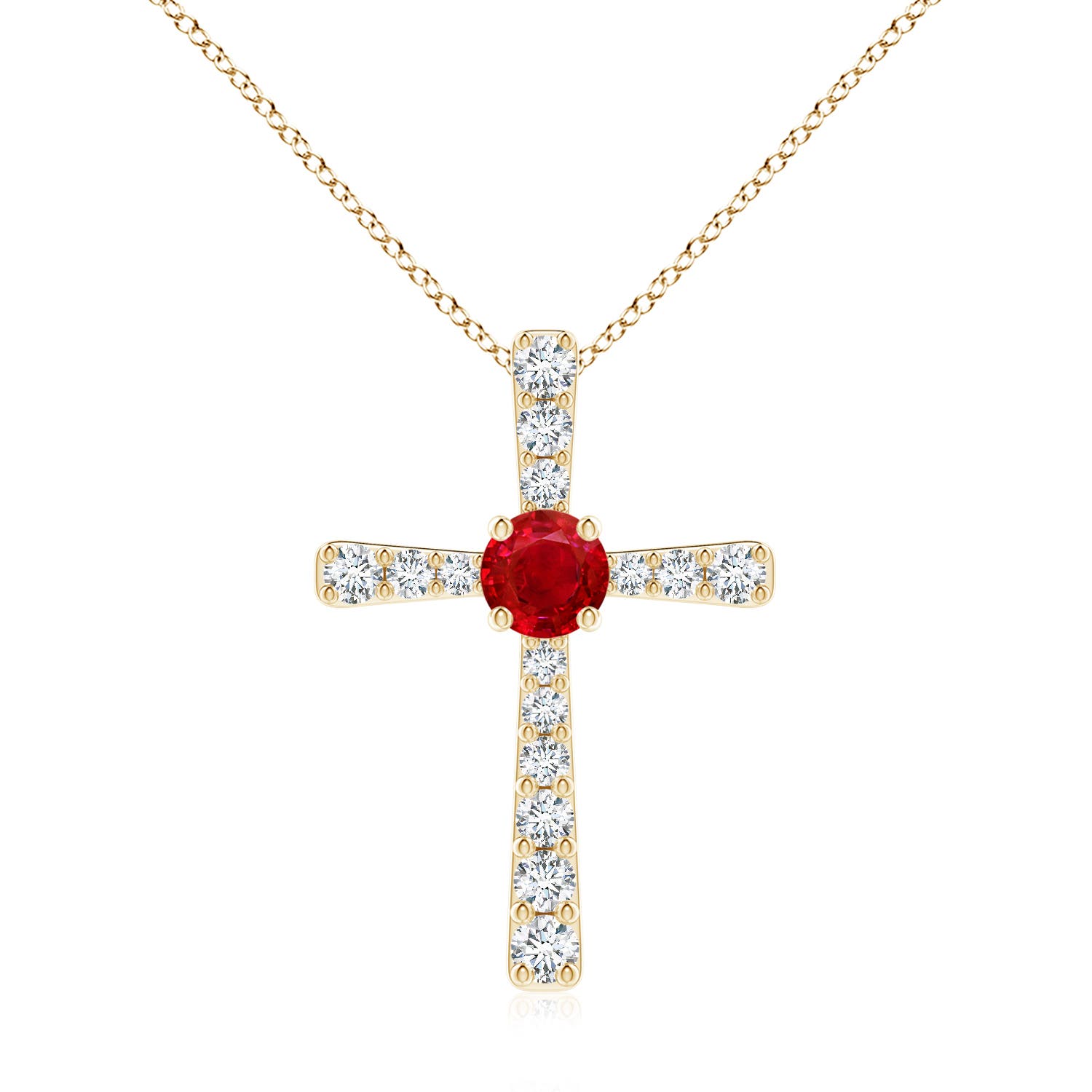 7mm AAA Ruby and Diamond Cross Pendant in Yellow Gold