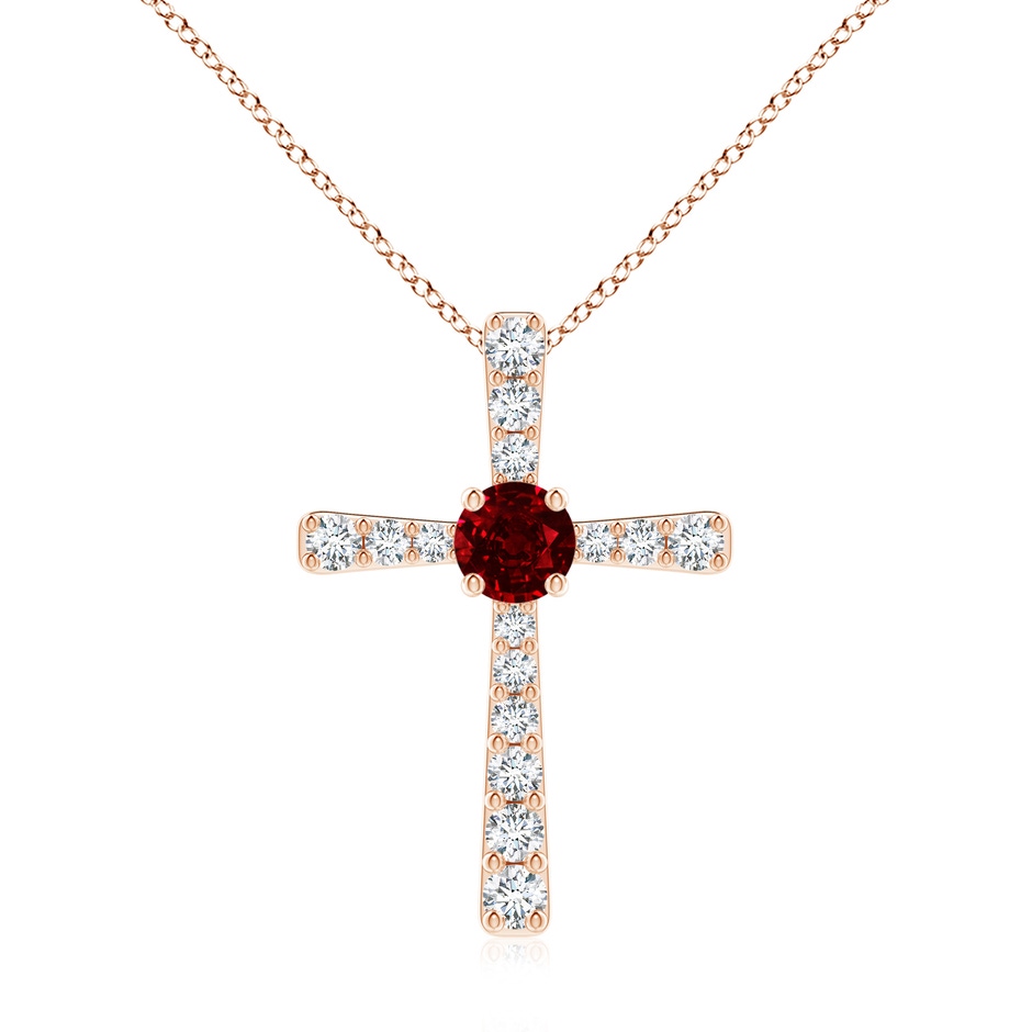 7mm AAAA Ruby and Diamond Cross Pendant in Rose Gold 