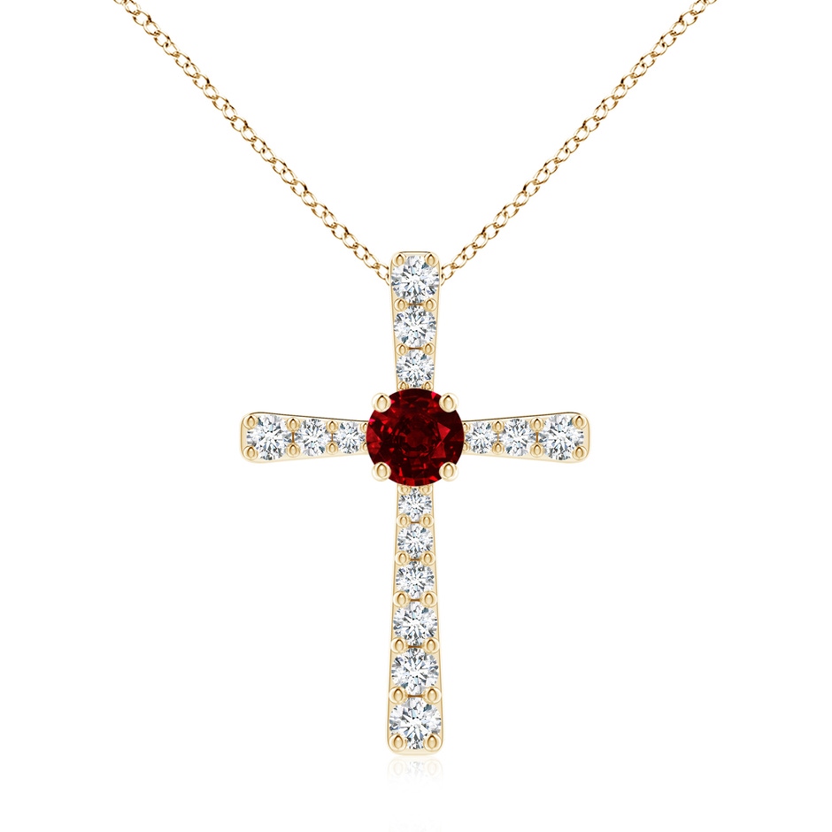 7mm AAAA Ruby and Diamond Cross Pendant in Yellow Gold 
