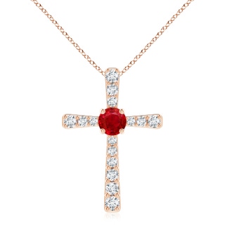 8mm AAA Ruby and Diamond Cross Pendant in 9K Rose Gold