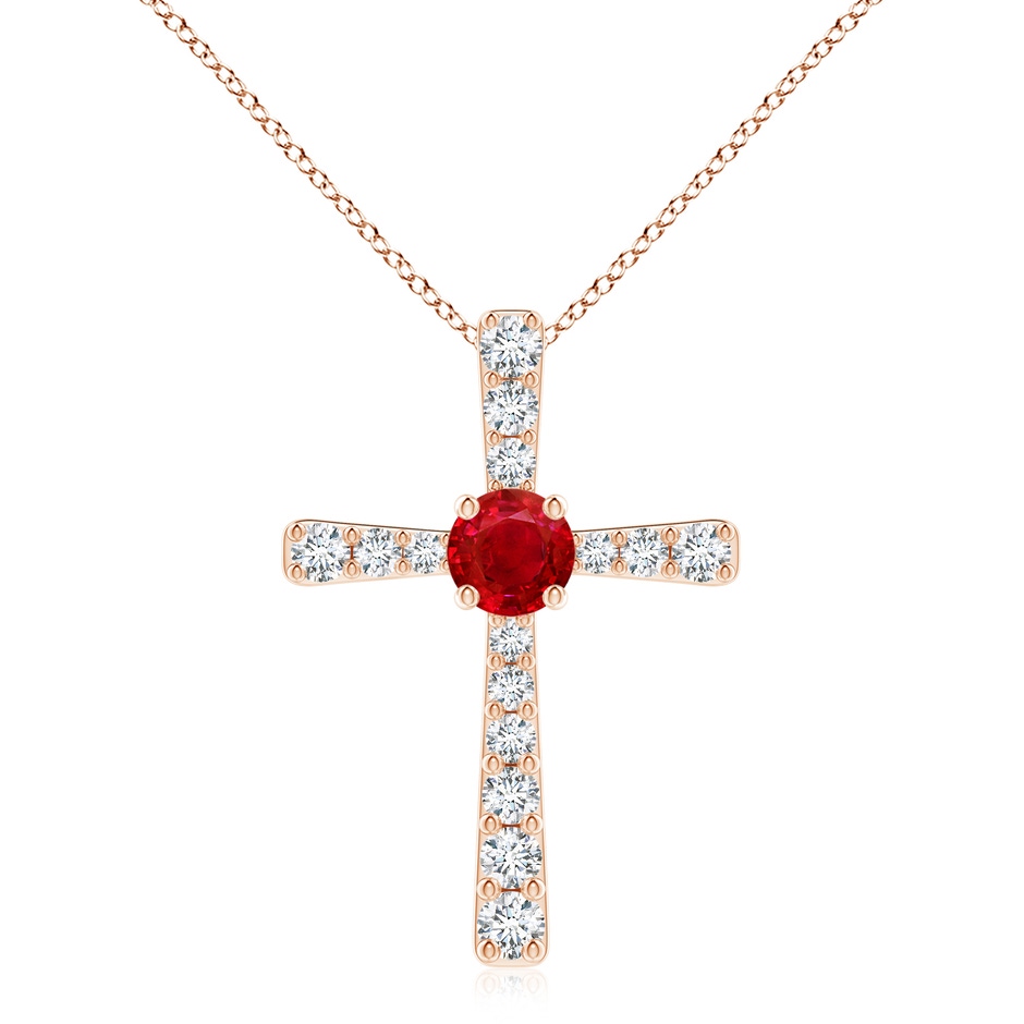 8mm AAA Ruby and Diamond Cross Pendant in Rose Gold 