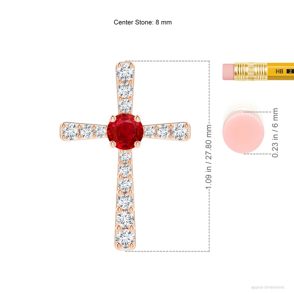 8mm AAA Ruby and Diamond Cross Pendant in Rose Gold ruler