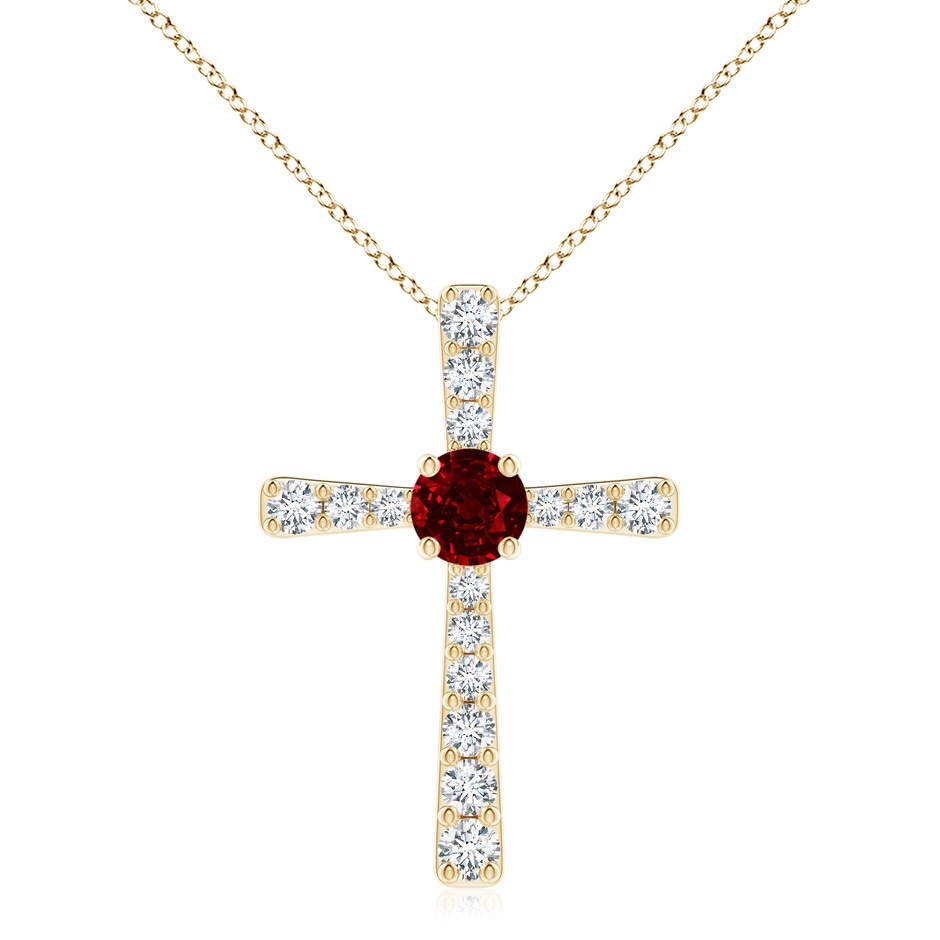 8mm AAAA Ruby and Diamond Cross Pendant in Yellow Gold 