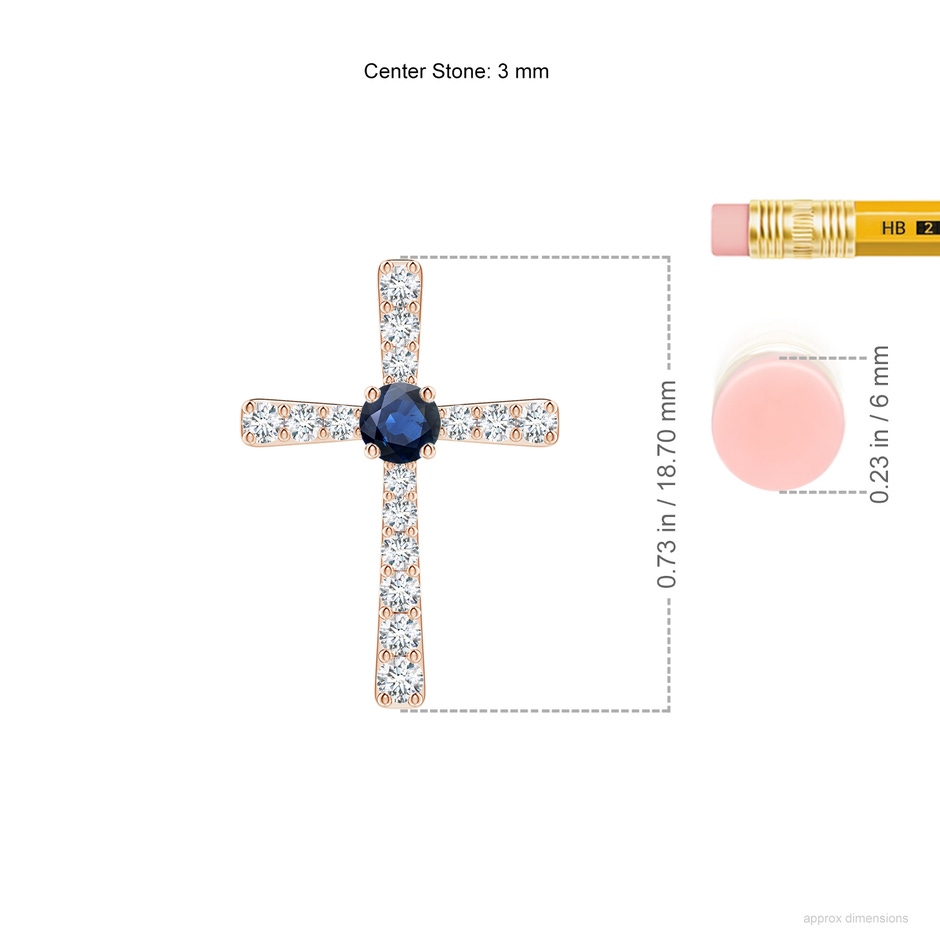 3mm AA Sapphire and Diamond Cross Pendant in Rose Gold ruler