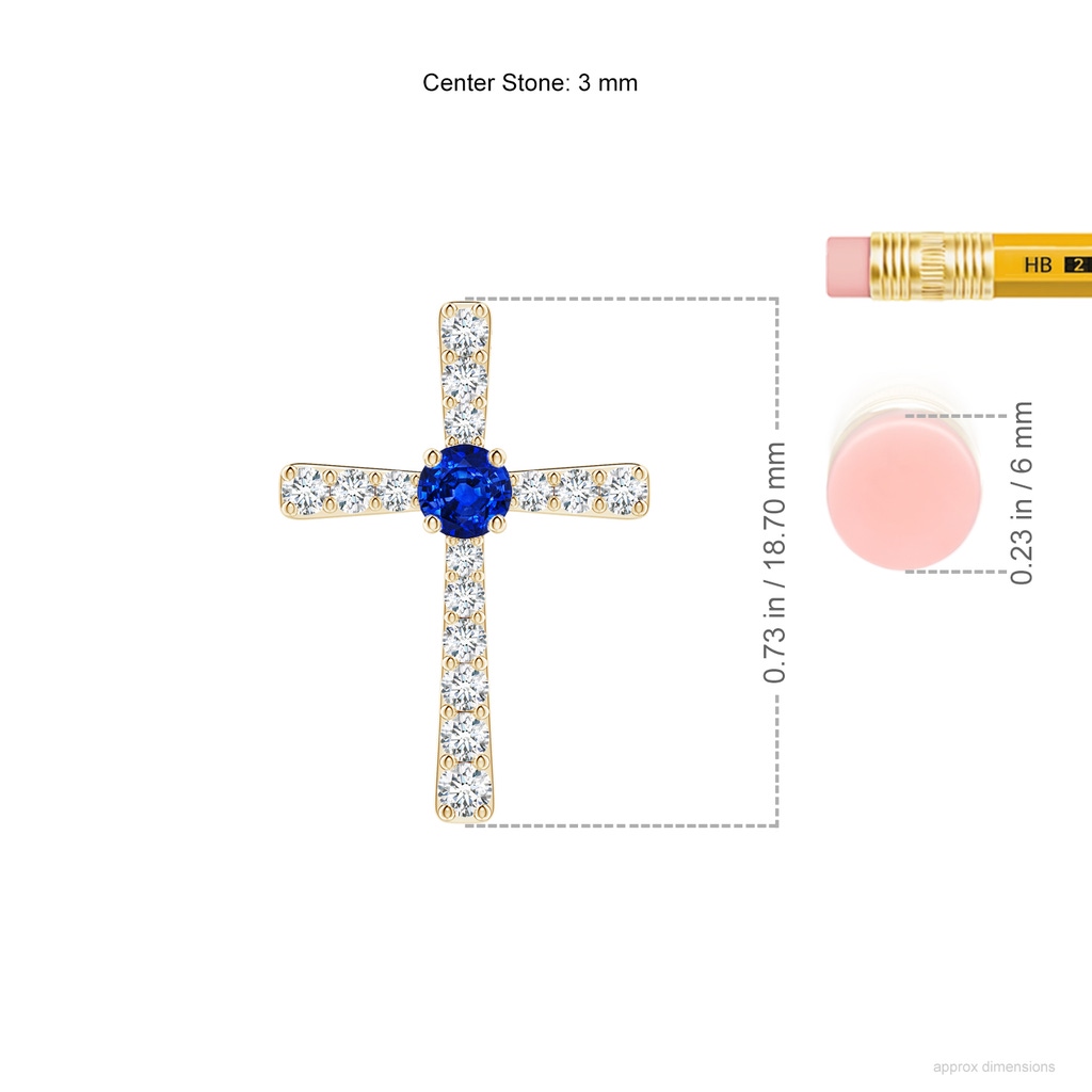 3mm AAAA Sapphire and Diamond Cross Pendant in Yellow Gold ruler