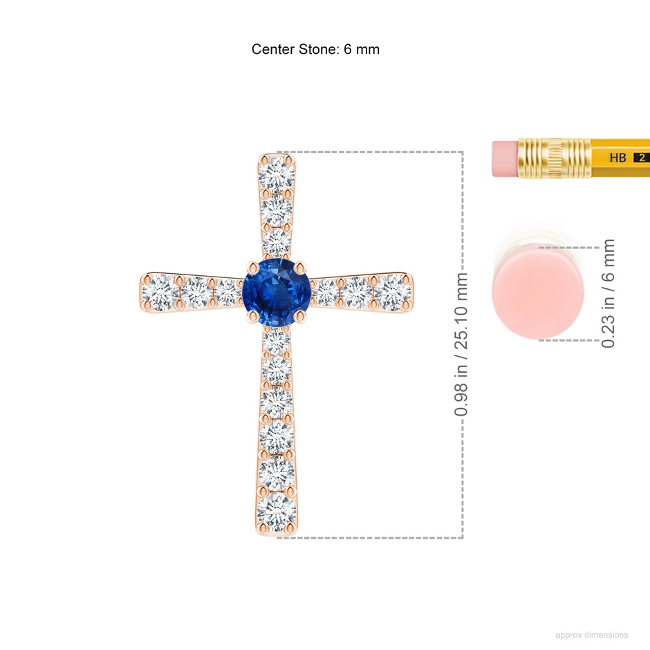6mm AAA Sapphire and Diamond Cross Pendant in Rose Gold ruler