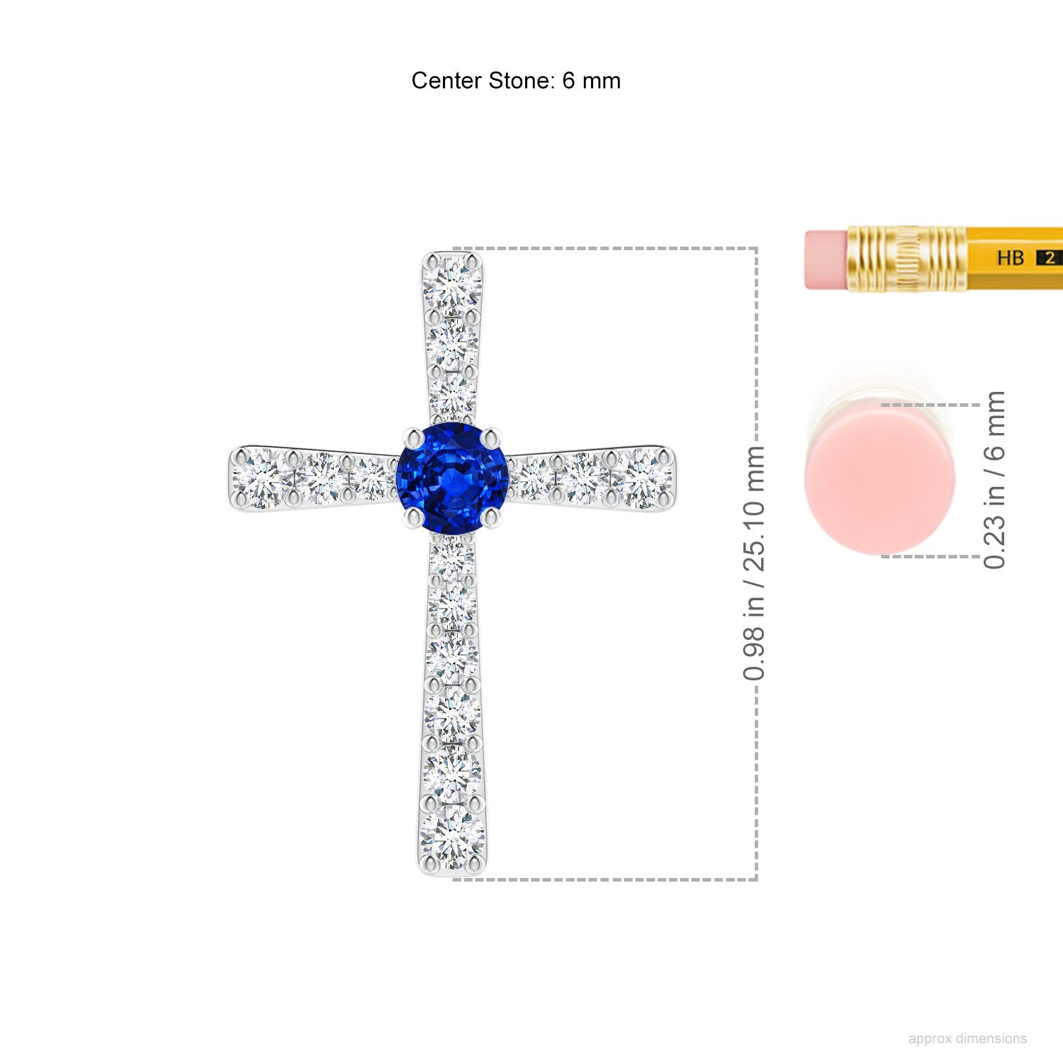 6mm AAAA Sapphire and Diamond Cross Pendant in White Gold - ruler