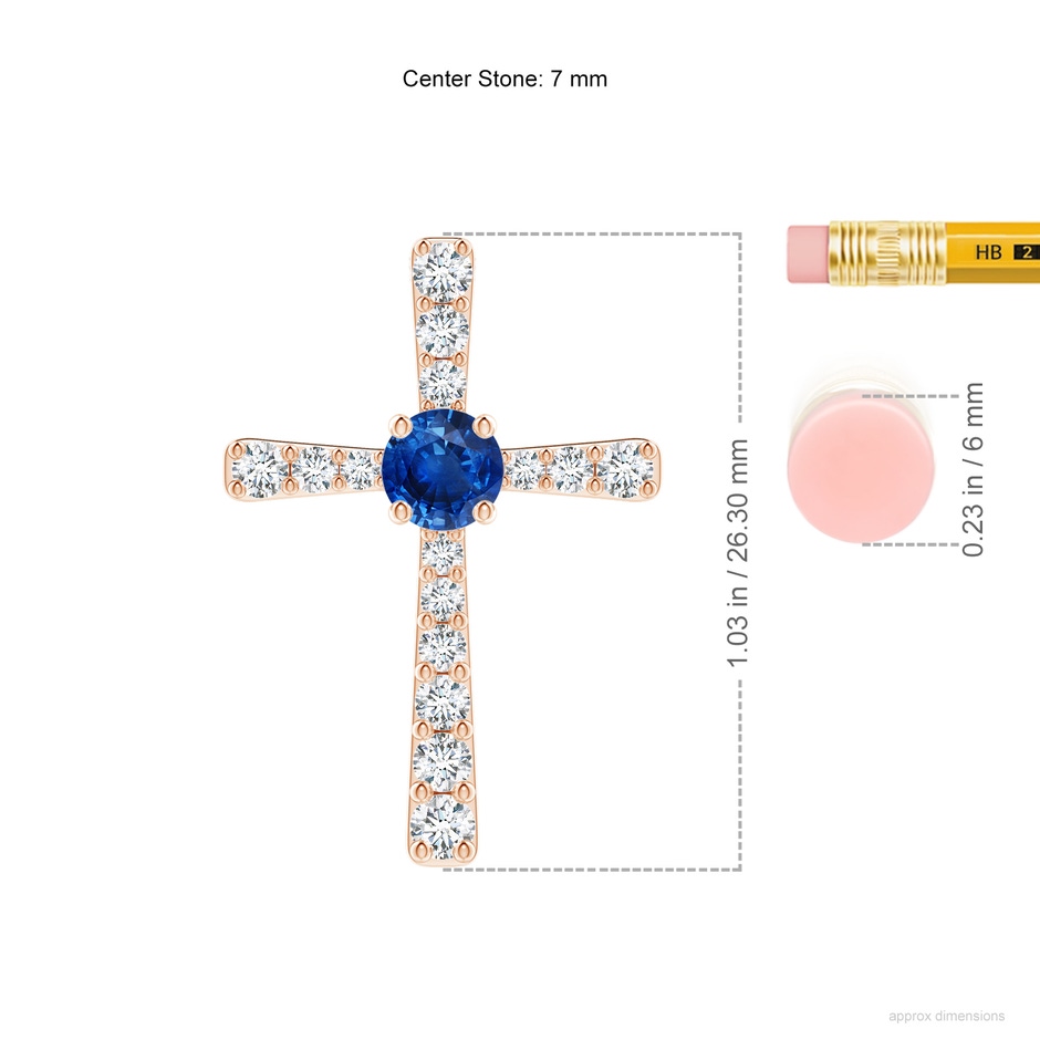 7mm AAA Sapphire and Diamond Cross Pendant in Rose Gold ruler