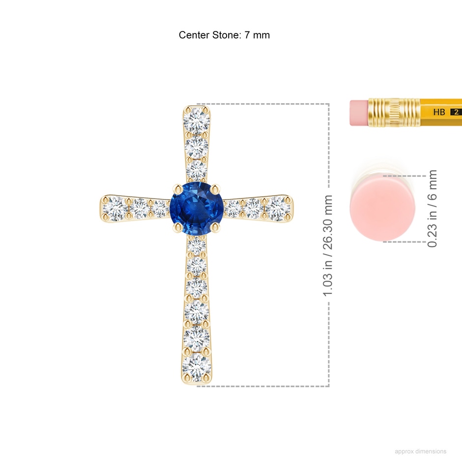 7mm AAA Sapphire and Diamond Cross Pendant in Yellow Gold ruler