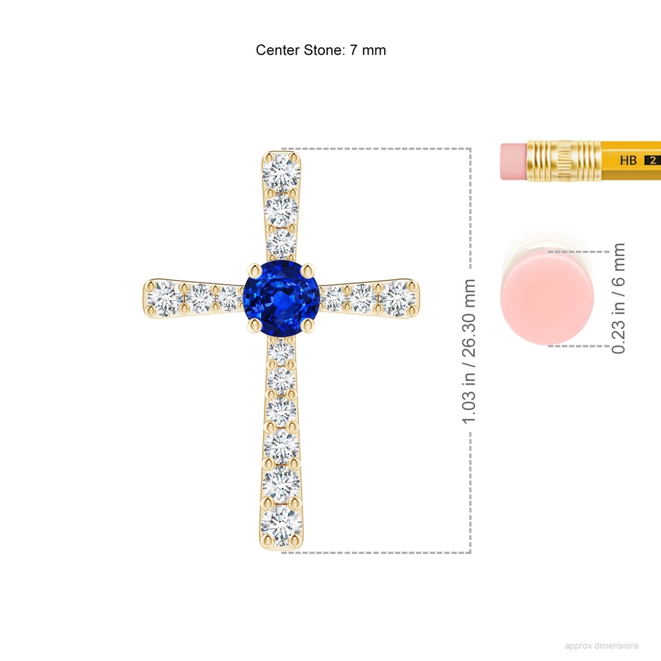 7mm AAAA Sapphire and Diamond Cross Pendant in Yellow Gold ruler