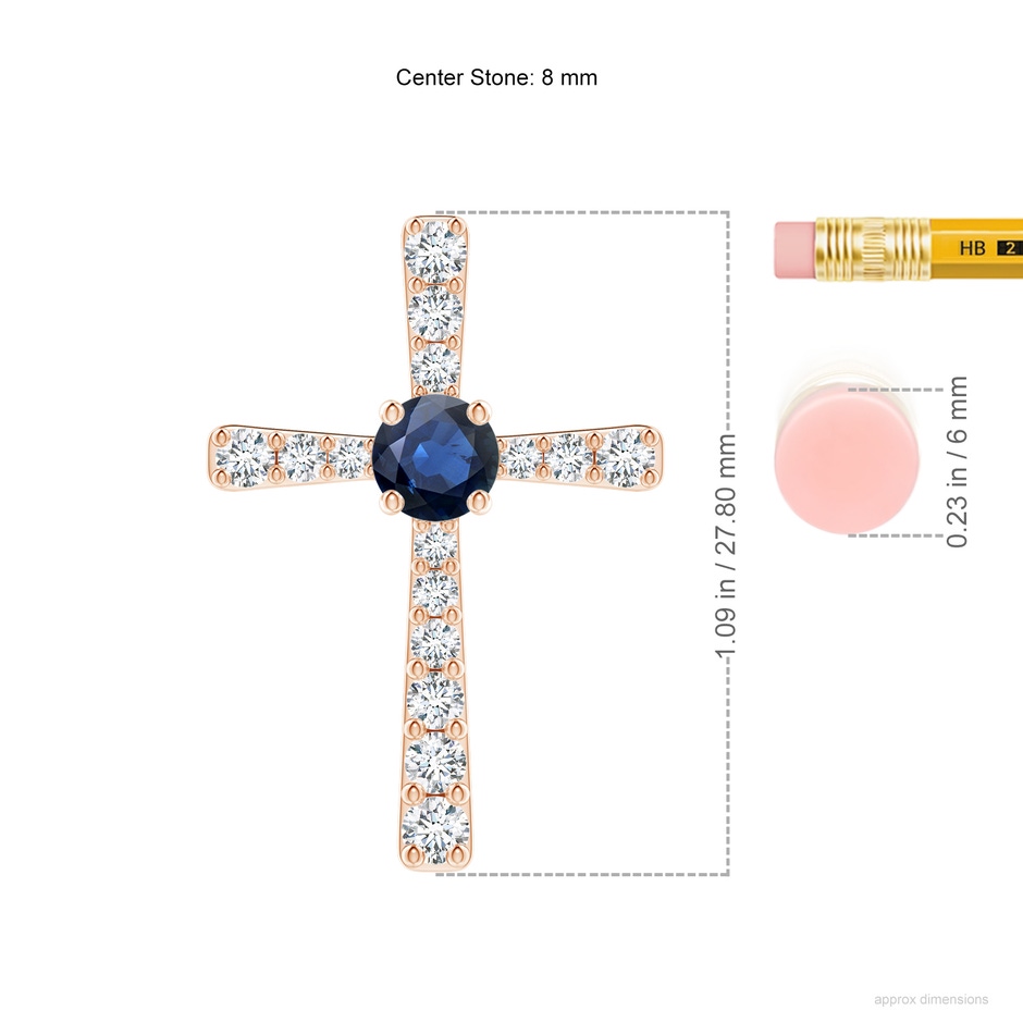 8mm AA Sapphire and Diamond Cross Pendant in Rose Gold ruler