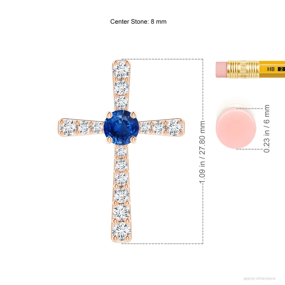8mm AAA Sapphire and Diamond Cross Pendant in 18K Rose Gold ruler