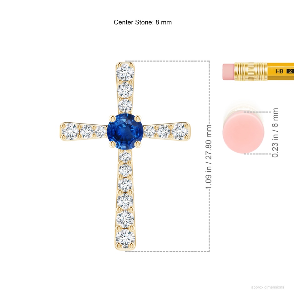 8mm AAA Sapphire and Diamond Cross Pendant in Yellow Gold ruler