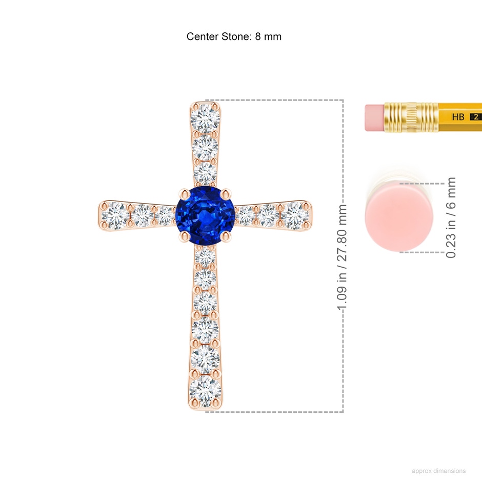 8mm AAAA Sapphire and Diamond Cross Pendant in Rose Gold ruler