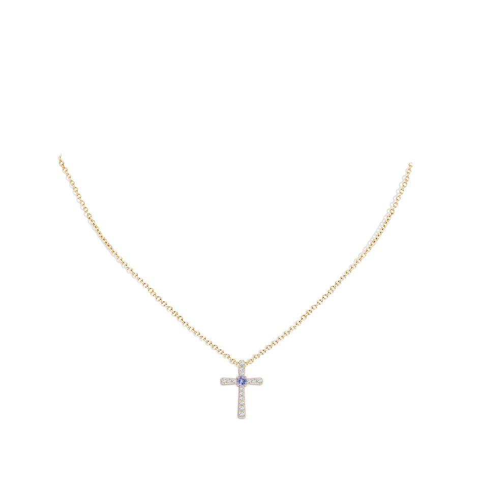 3mm AA Tanzanite and Diamond Cross Pendant in Yellow Gold body-neck