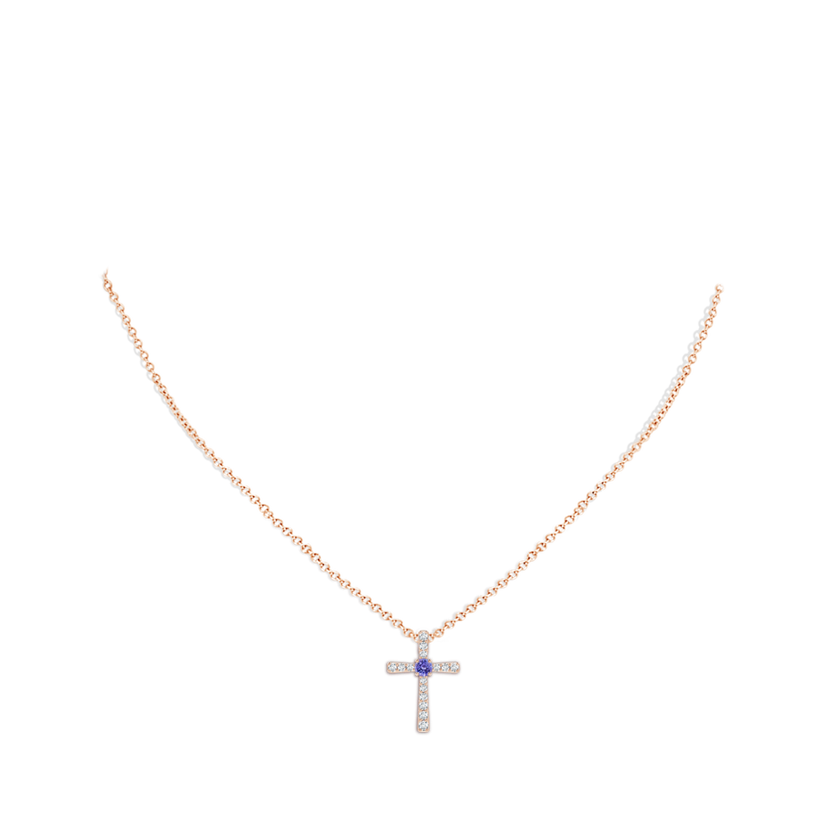 3mm AAA Tanzanite and Diamond Cross Pendant in Rose Gold body-neck
