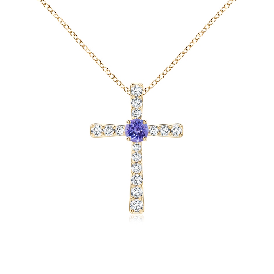 3mm AAA Tanzanite and Diamond Cross Pendant in Yellow Gold 