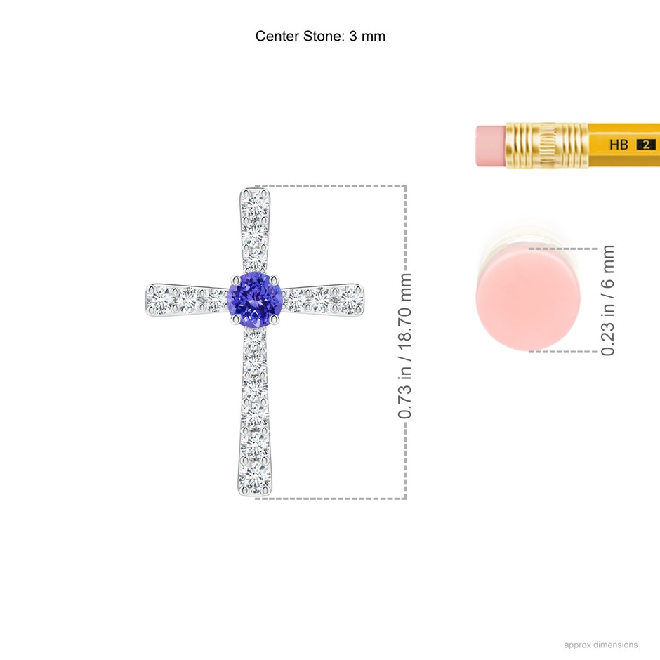 3mm AAAA Tanzanite and Diamond Cross Pendant in P950 Platinum ruler