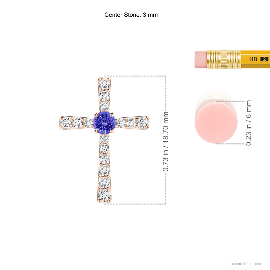 3mm AAAA Tanzanite and Diamond Cross Pendant in Rose Gold Ruler