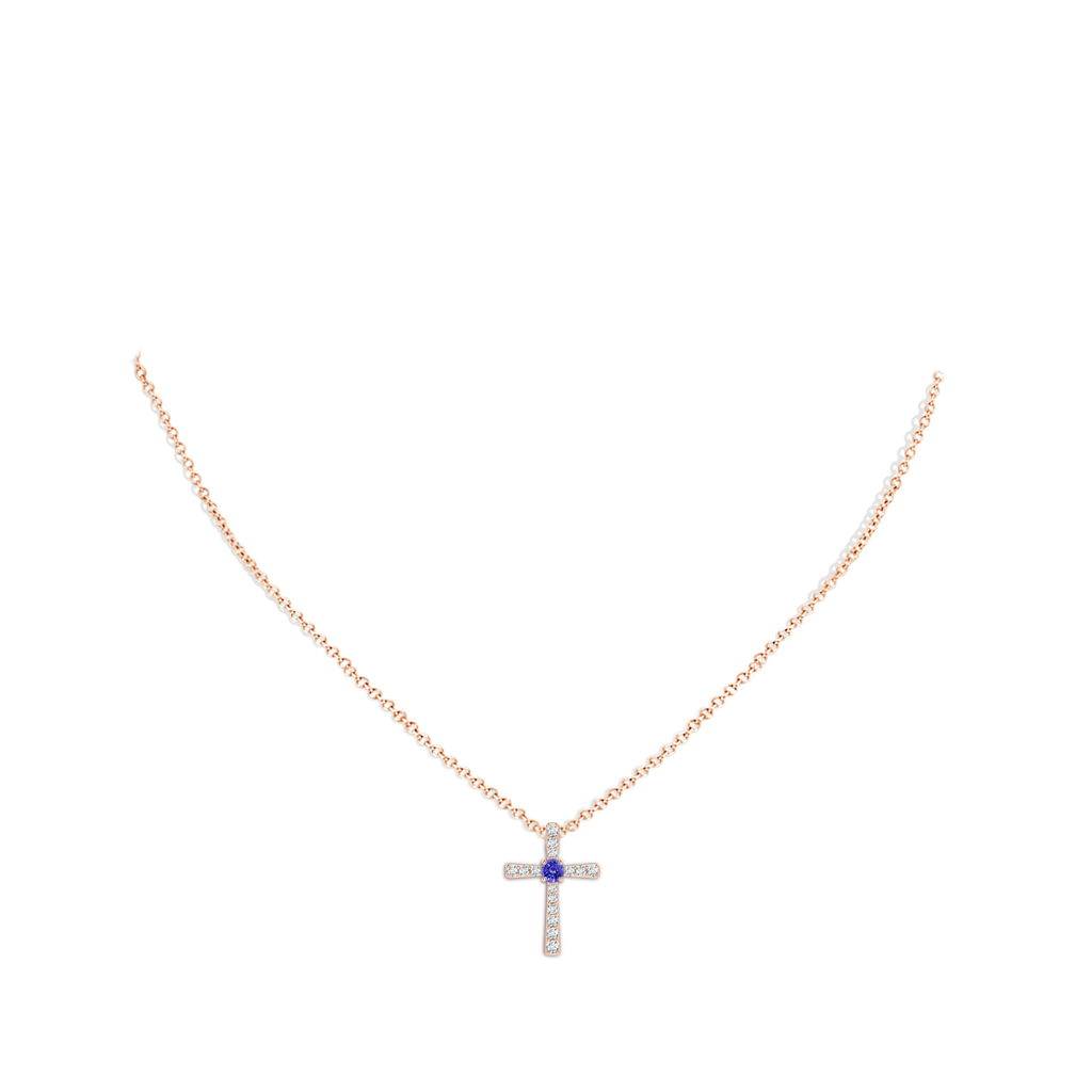 3mm AAAA Tanzanite and Diamond Cross Pendant in Rose Gold Body-Neck
