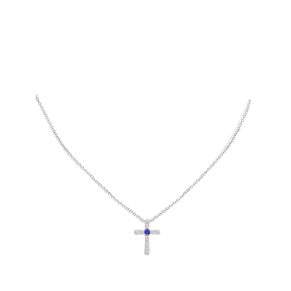 3mm AAAA Tanzanite and Diamond Cross Pendant in White Gold body-neck