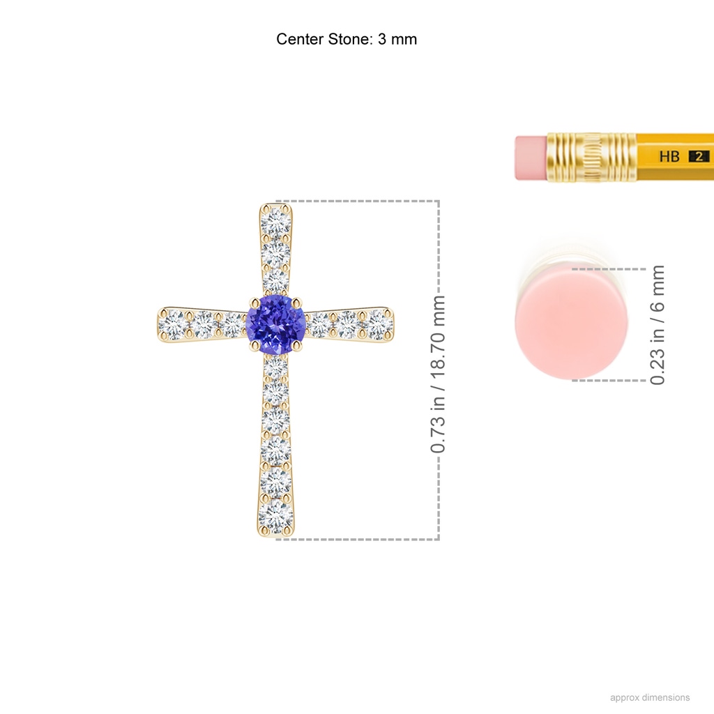 3mm AAAA Tanzanite and Diamond Cross Pendant in Yellow Gold Ruler
