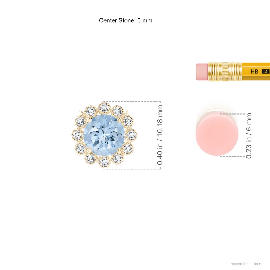 6mm AA Aquamarine Pendant with Bezel-Set Diamond Halo in Yellow Gold ruler