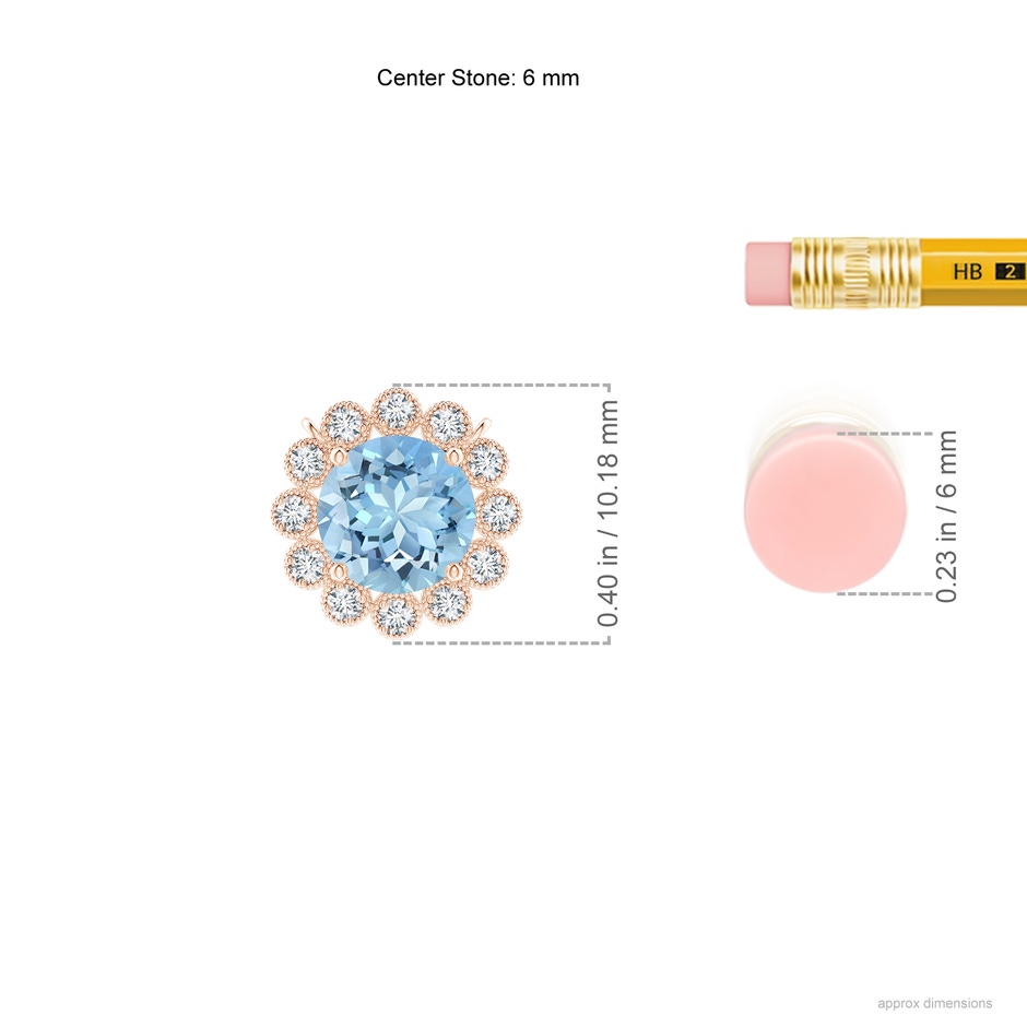 6mm AAAA Aquamarine Pendant with Bezel-Set Diamond Halo in Rose Gold ruler