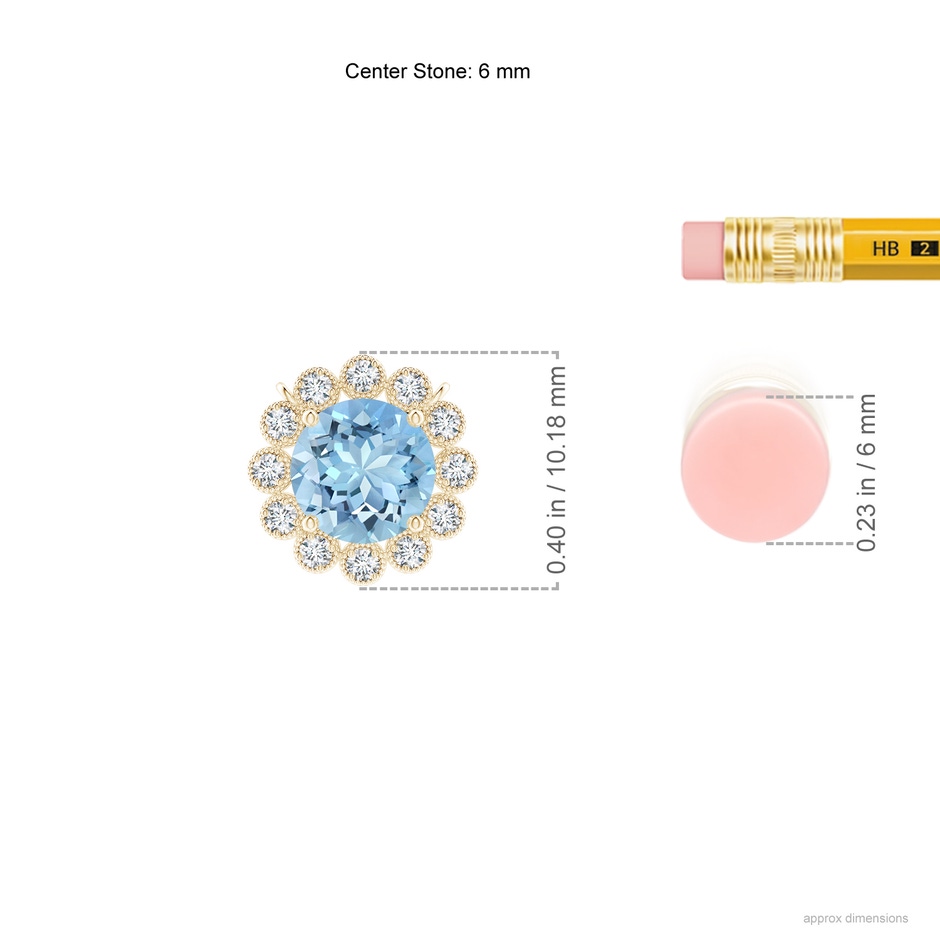 6mm AAAA Aquamarine Pendant with Bezel-Set Diamond Halo in Yellow Gold ruler