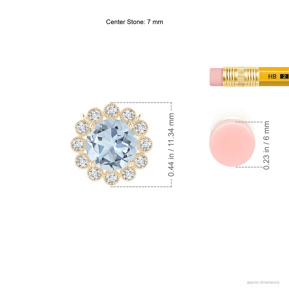 7mm A Aquamarine Pendant with Bezel-Set Diamond Halo in Yellow Gold ruler