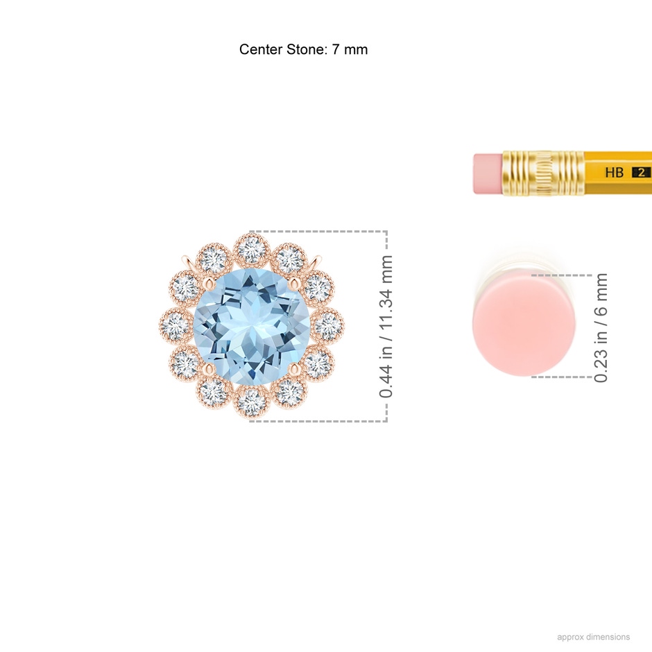 7mm AAA Aquamarine Pendant with Bezel-Set Diamond Halo in Rose Gold ruler