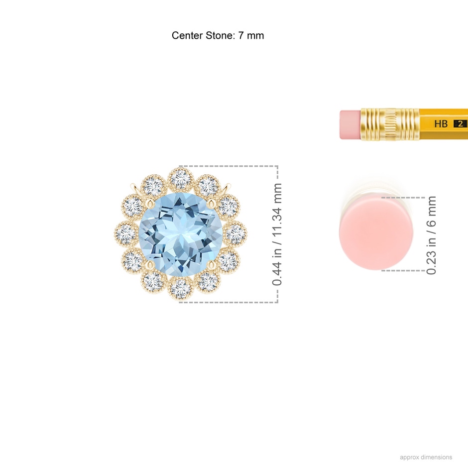 7mm AAA Aquamarine Pendant with Bezel-Set Diamond Halo in Yellow Gold ruler