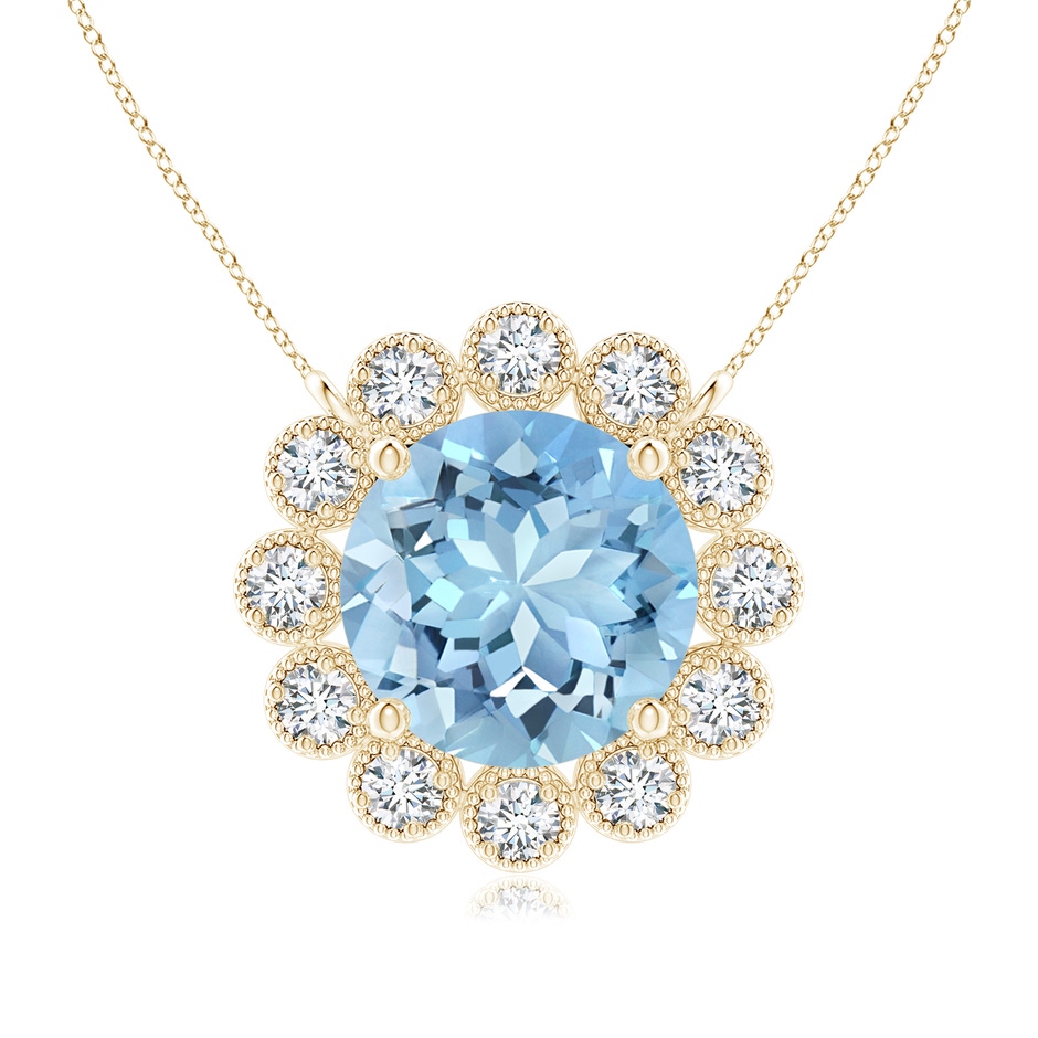 7mm AAAA Aquamarine Pendant with Bezel-Set Diamond Halo in Yellow Gold 