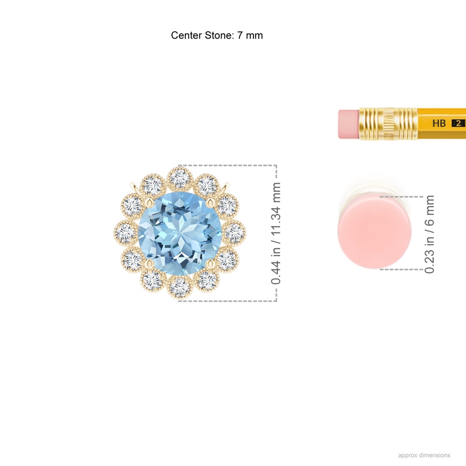 7mm AAAA Aquamarine Pendant with Bezel-Set Diamond Halo in Yellow Gold ruler
