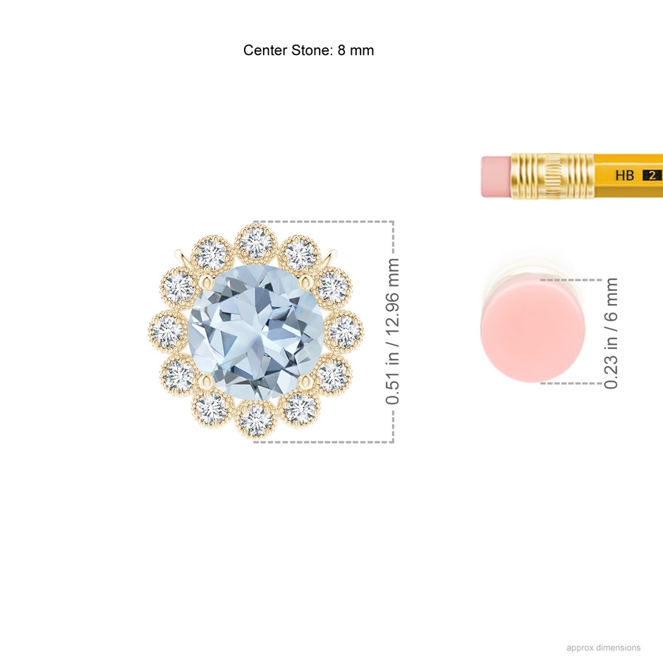 8mm A Aquamarine Pendant with Bezel-Set Diamond Halo in Yellow Gold ruler
