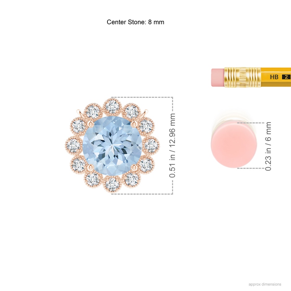 8mm AA Aquamarine Pendant with Bezel-Set Diamond Halo in Rose Gold ruler