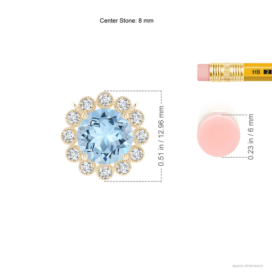 8mm AAA Aquamarine Pendant with Bezel-Set Diamond Halo in Yellow Gold ruler