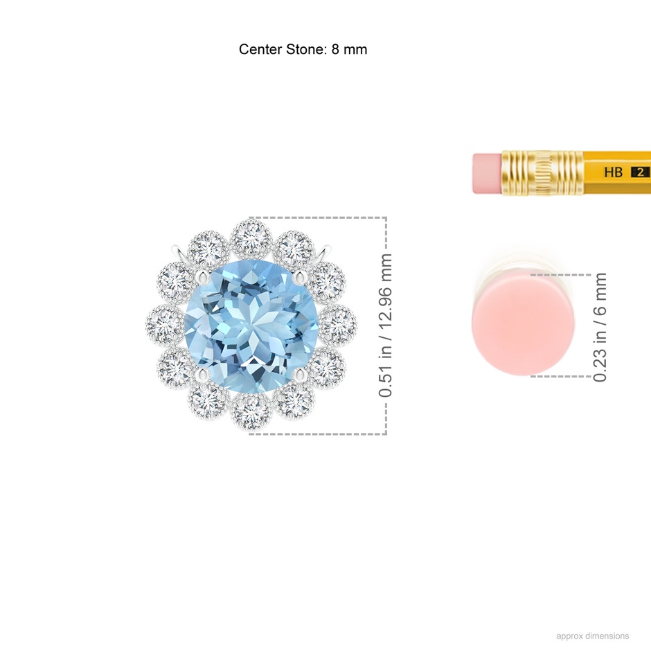 8mm AAAA Aquamarine Pendant with Bezel-Set Diamond Halo in P950 Platinum ruler