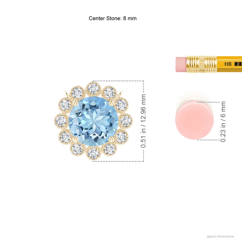 8mm AAAA Aquamarine Pendant with Bezel-Set Diamond Halo in Yellow Gold ruler