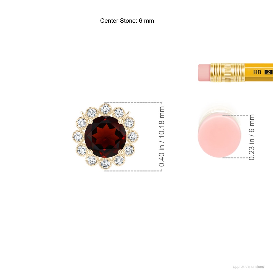 6mm AA Garnet Pendant with Bezel-Set Diamond Halo in Yellow Gold ruler