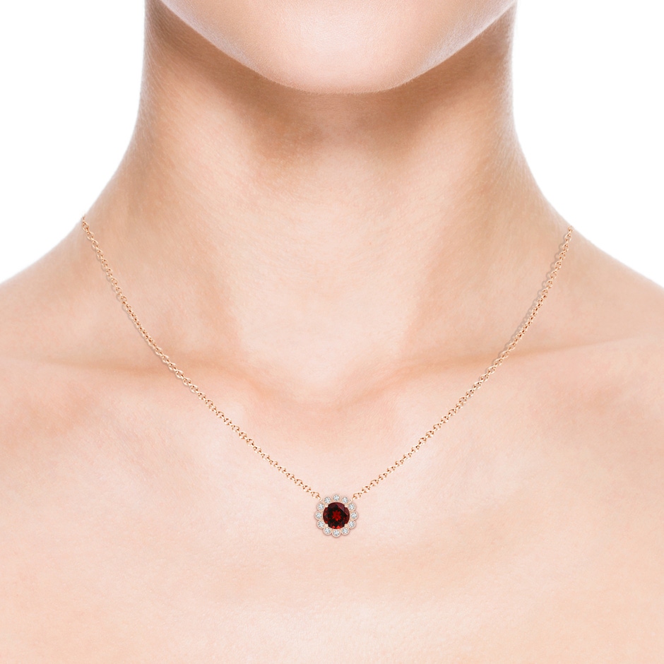 6mm AAAA Garnet Pendant with Bezel-Set Diamond Halo in Rose Gold body-neck