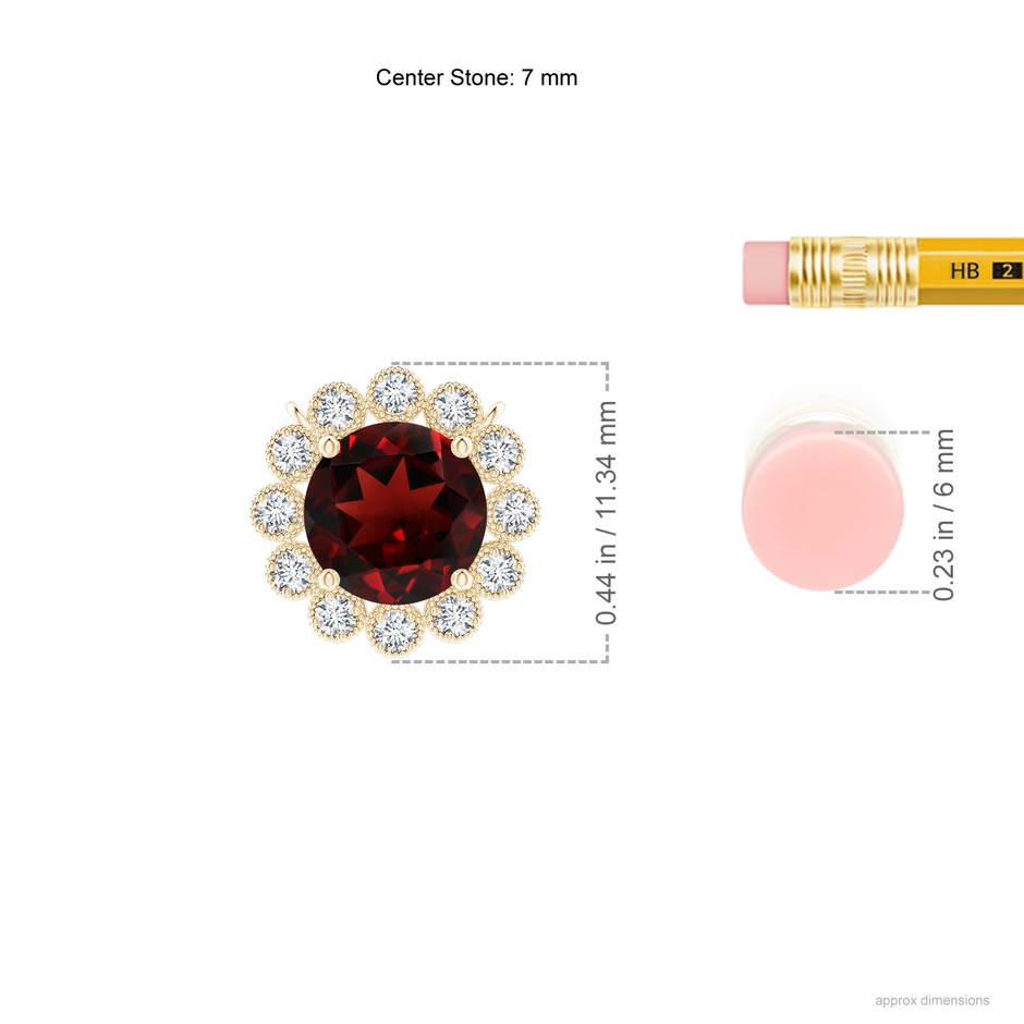 7mm AAA Garnet Pendant with Bezel-Set Diamond Halo in Yellow Gold ruler