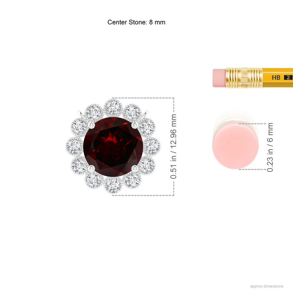 8mm A Garnet Pendant with Bezel-Set Diamond Halo in White Gold ruler