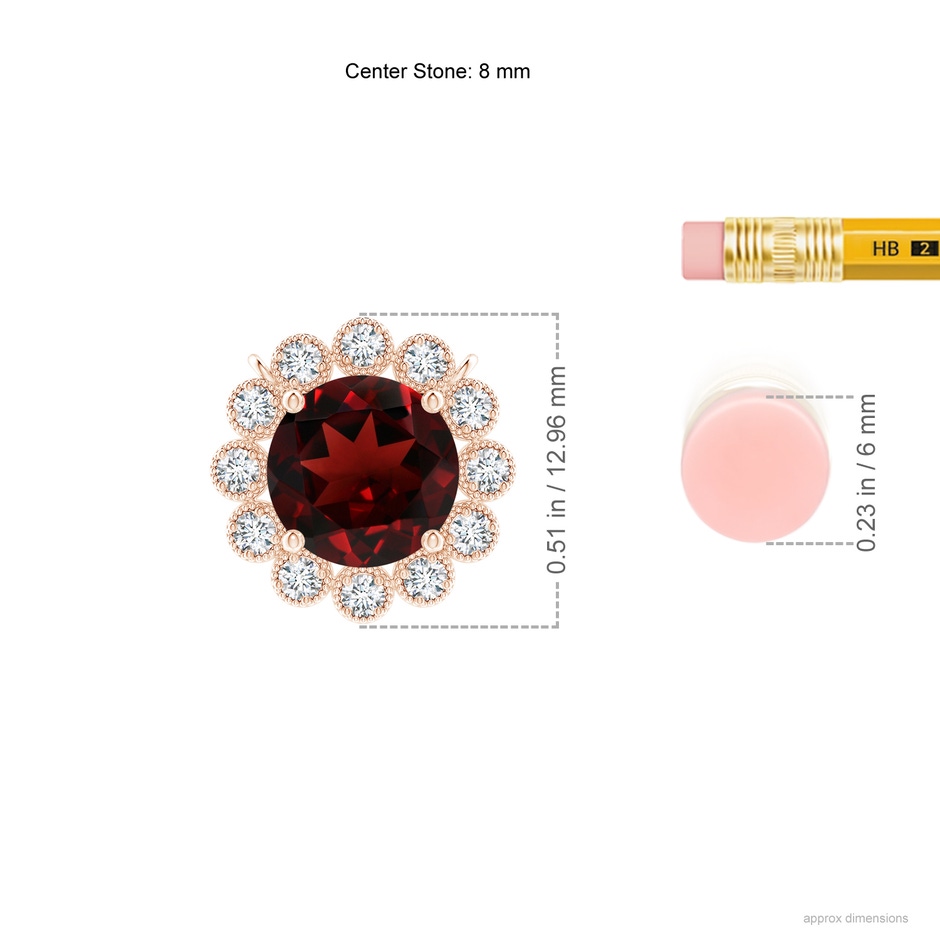 8mm AAA Garnet Pendant with Bezel-Set Diamond Halo in Rose Gold ruler