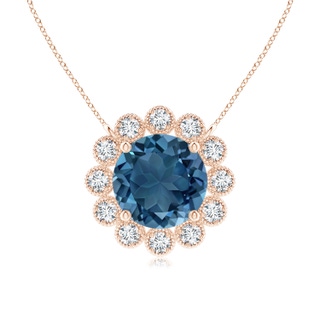 6mm AA London Blue Topaz Pendant with Bezel-Set Diamond Halo in Rose Gold