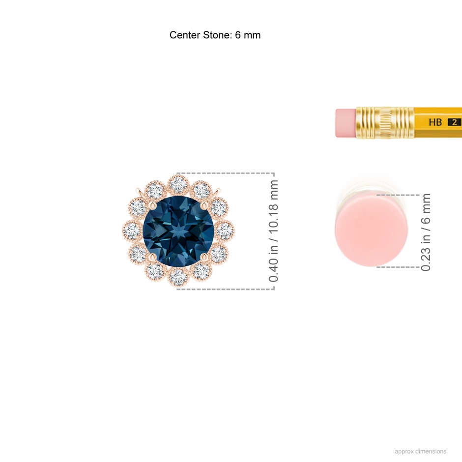 6mm AAAA London Blue Topaz Pendant with Bezel-Set Diamond Halo in Rose Gold ruler