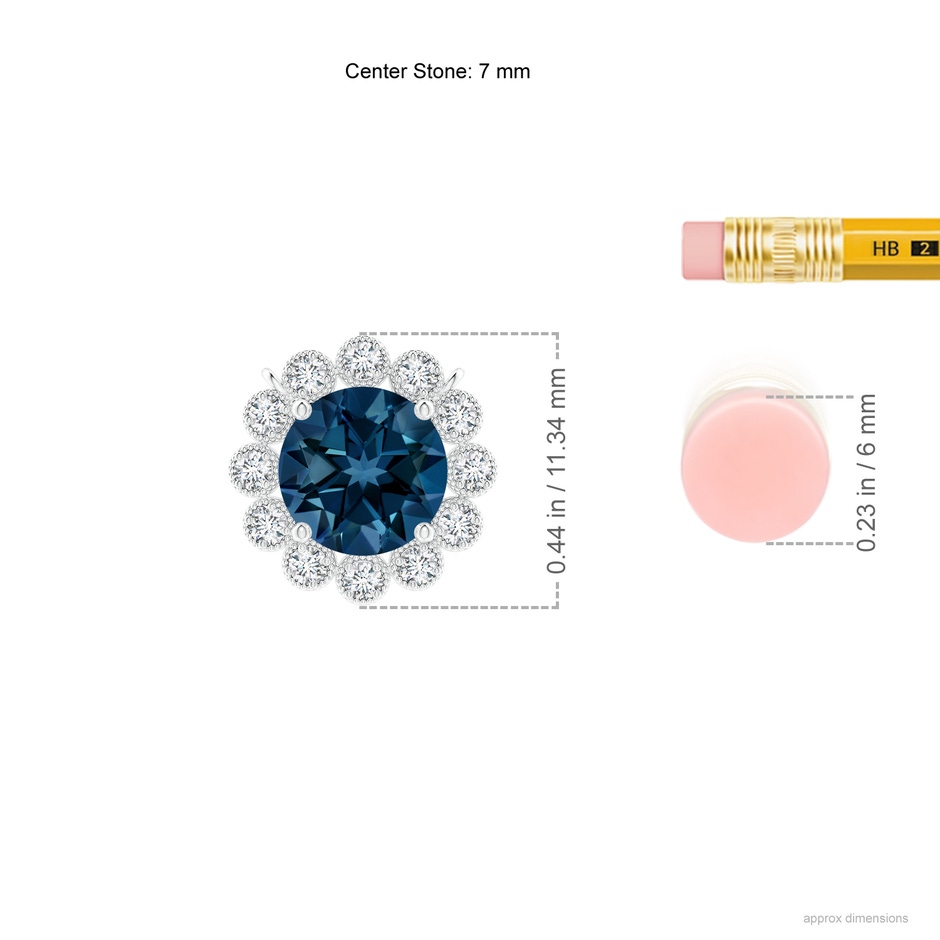 7mm AAAA London Blue Topaz Pendant with Bezel-Set Diamond Halo in White Gold ruler