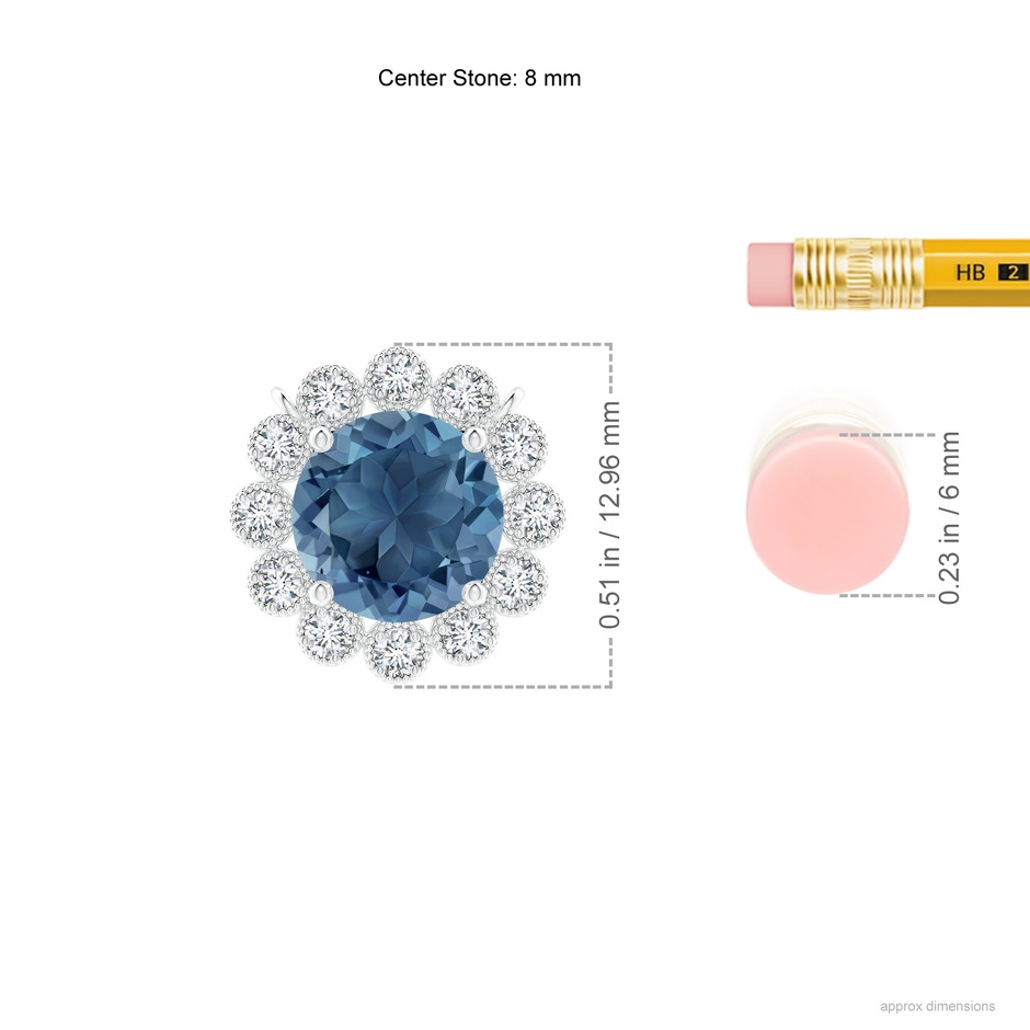 8mm A London Blue Topaz Pendant with Bezel-Set Diamond Halo in White Gold ruler