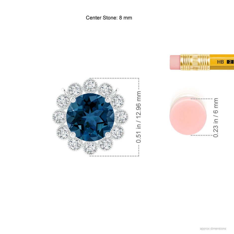8mm AAA London Blue Topaz Pendant with Bezel-Set Diamond Halo in White Gold ruler