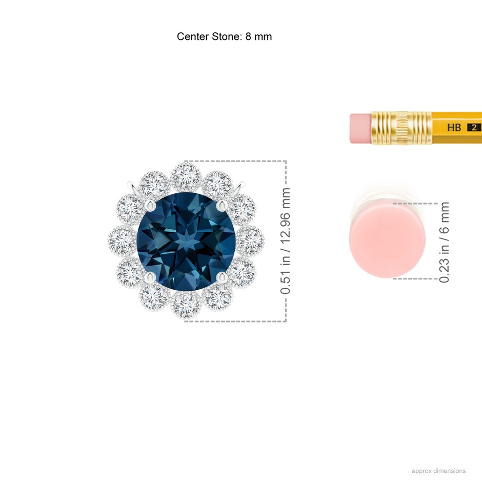 8mm AAAA London Blue Topaz Pendant with Bezel-Set Diamond Halo in White Gold ruler
